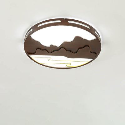 Modern Chinese Wooden Round Mountain Design LED Flush Mount Ceiling Light