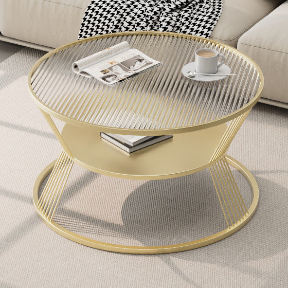 Mesa de café moderna minimalista redonda en forma de reloj de arena de vidrio y hierro de 2 niveles para sala de estar 