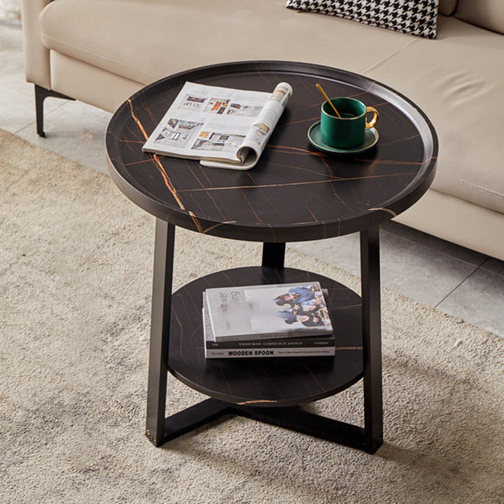 Contemporary Nordic Round Iron MDF Coffee Table 2-Tier For Living Room