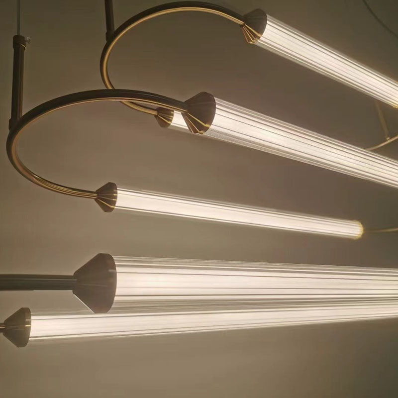 Zeitgenössische industrielle Streifen elliptische Eisen Glas LED Pendelleuchte für Esszimmer 