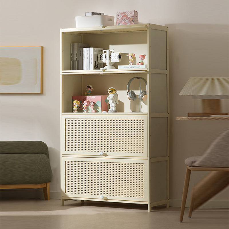 Armoire de rangement rectangulaire blanche en MDF bambou au design moderne et épuré, avec porte rabattable en rotin, 2 à 5 niveaux, pour salon et bureau 