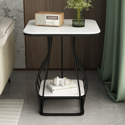 Table de bout en fer à deux niveaux avec plateau carré en pierre scandinave contemporaine pour salon 