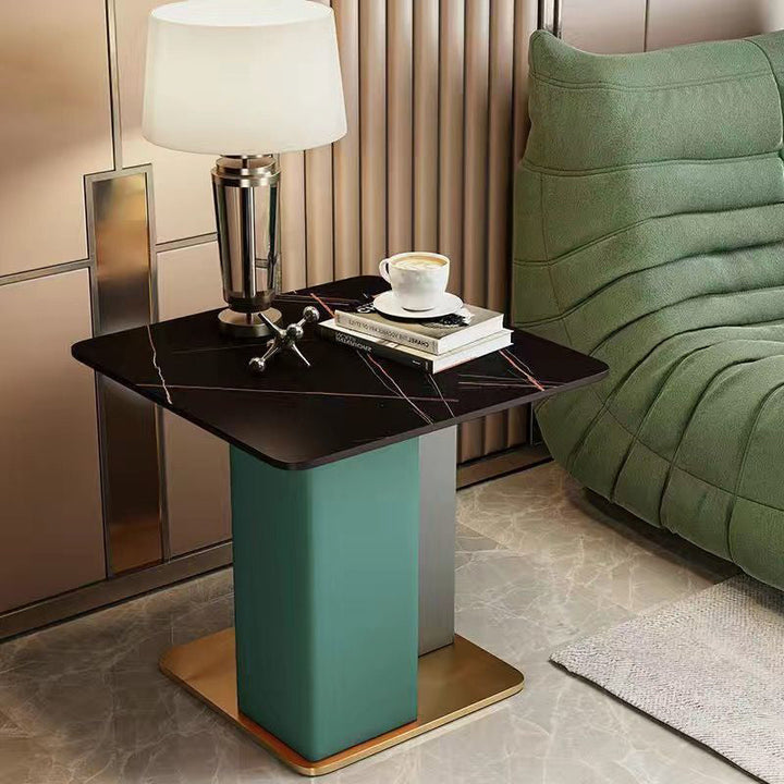 Contemporary Scandinavian Square Column Slate Microfiber Leather Wood Carbon Steel End Table For Living Room