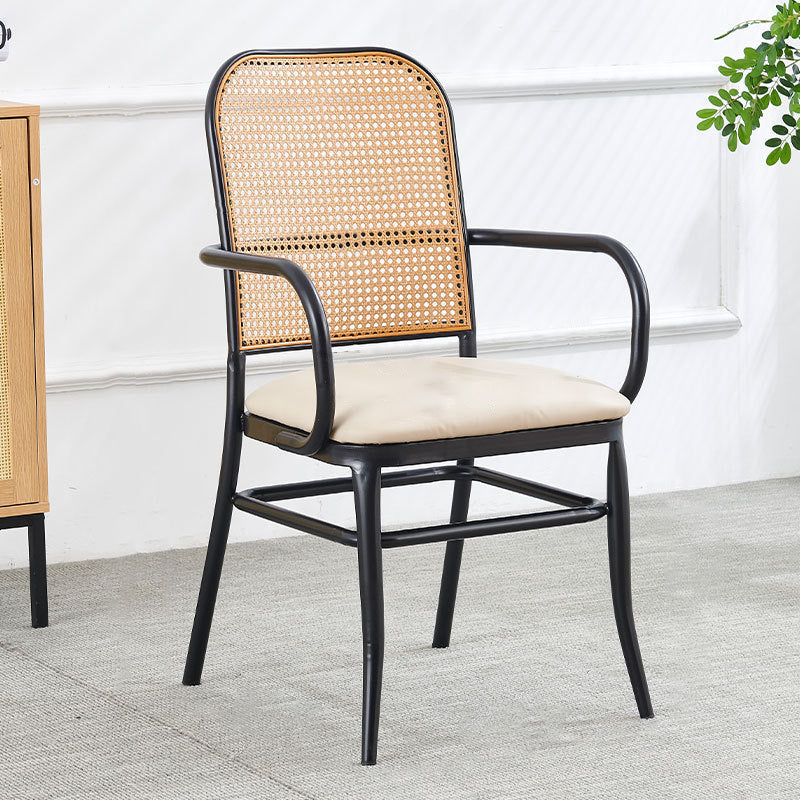 Traditional Vintage PE Imitation Rattan Nappa Leather Upholstered Dining Chair Backrest Armrest For Dining Room