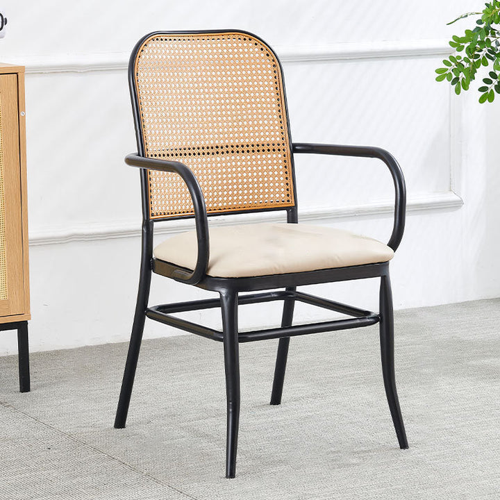 Traditional Vintage PE Imitation Rattan Nappa Leather Upholstered Dining Chair Backrest Armrest For Dining Room