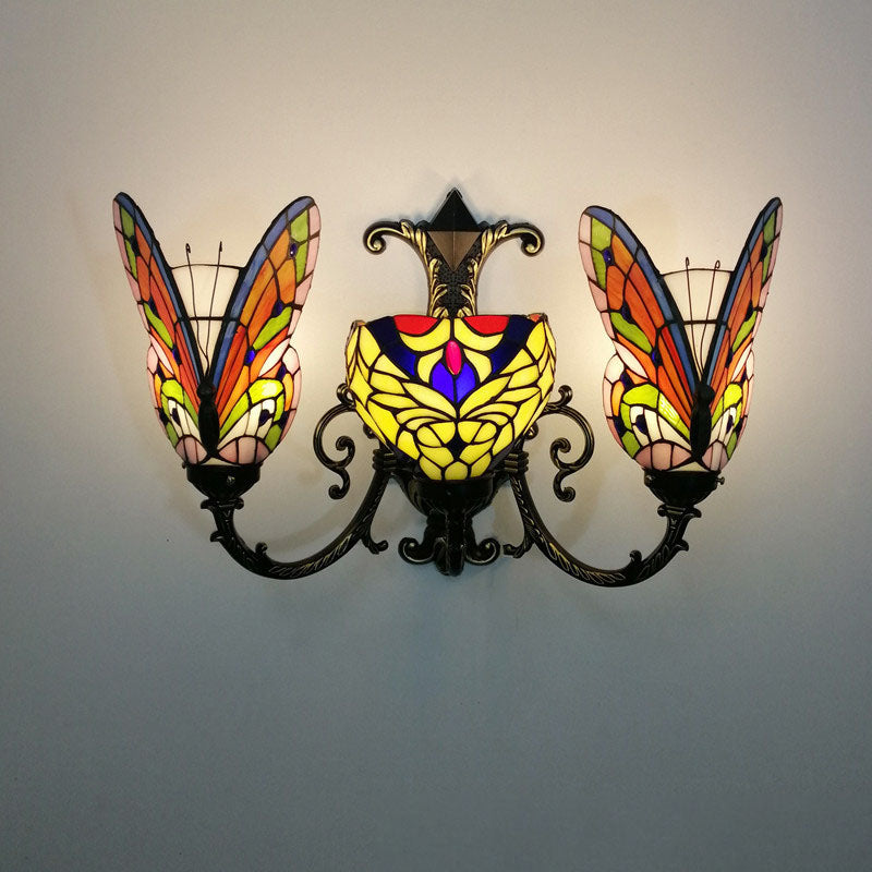 Traditional Tiffany European Butterfly Alloy Iron Glass 3-Light Wall Sconce Lamp For Hallway