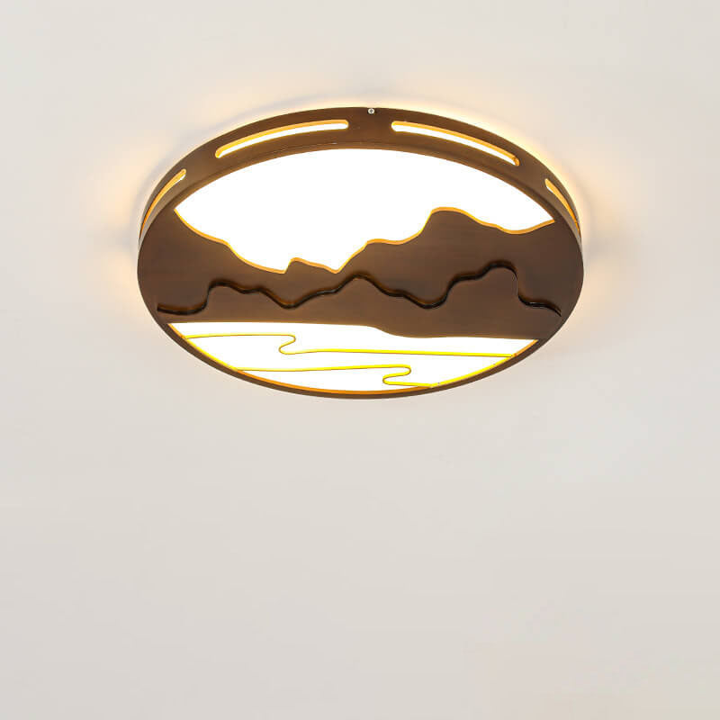 Modern Chinese Wooden Round Mountain Design LED Flush Mount Ceiling Light