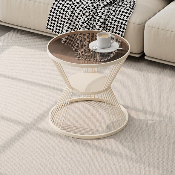 Mesa de café moderna minimalista redonda en forma de reloj de arena de vidrio y hierro de 2 niveles para sala de estar 
