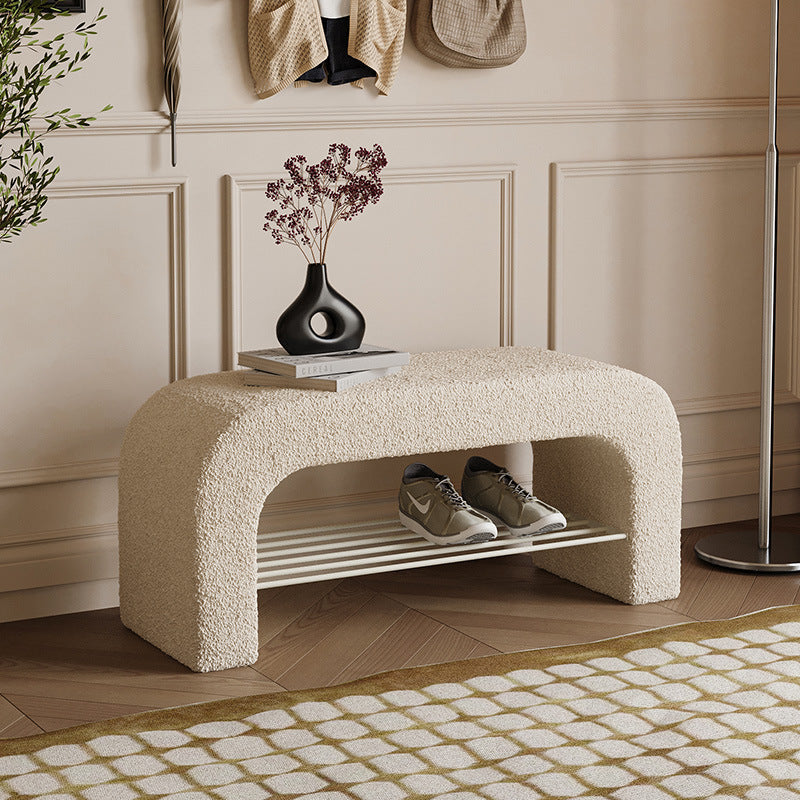 Banc de rangement moderne minimaliste en agneau rectangulaire long en cuir PU avec fer, 1 étagère pour les entrées 