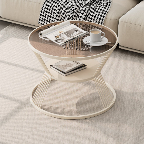 Mesa de café moderna minimalista redonda en forma de reloj de arena de vidrio y hierro de 2 niveles para sala de estar 