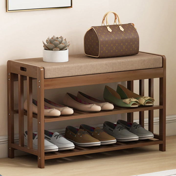 Rangement à chaussures moderne minimaliste en tissu rectangulaire en bambou et rotin à 2 étagères pour entrées 