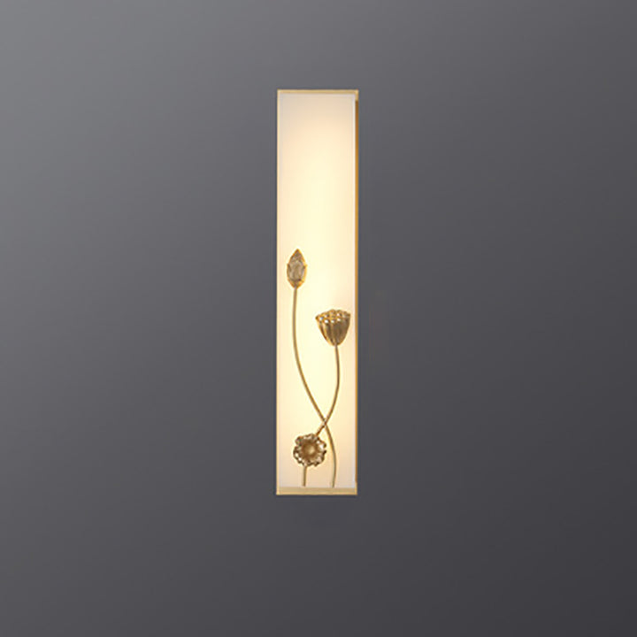 Traditional Chinese Copper Marble Cubic Bamboo Leaf Lotus Flower Ginkgo Biloba LED Wall Sconce Lamp For Bedside