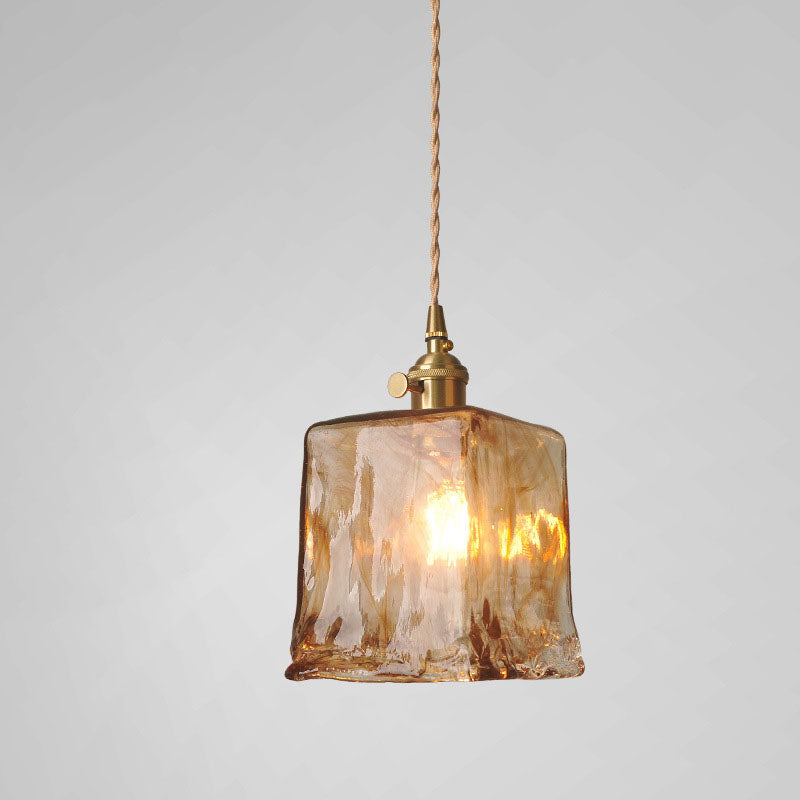 Zeitgenössische Retro Messing geometrische quadratische Bernstein Glas Schatten 1-Licht Pendelleuchte für Wohnzimmer