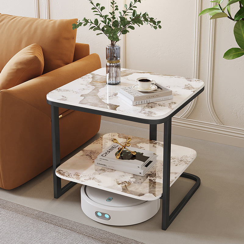 Modern Minimalist Square Sintered Stone Carbon Steel Side Table 2-Tier For Living Room