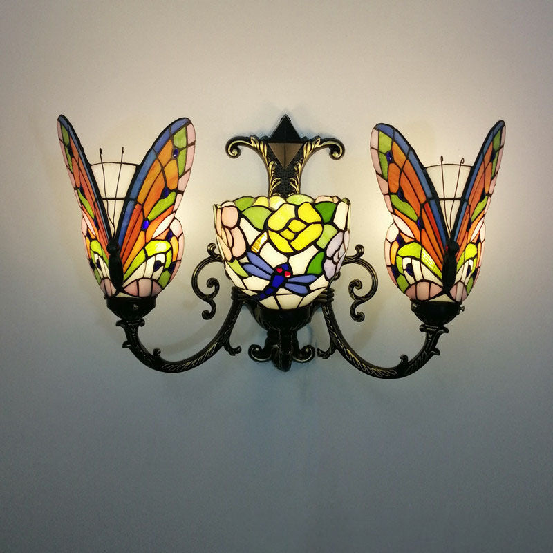 Traditional Tiffany European Butterfly Alloy Iron Glass 3-Light Wall Sconce Lamp For Hallway