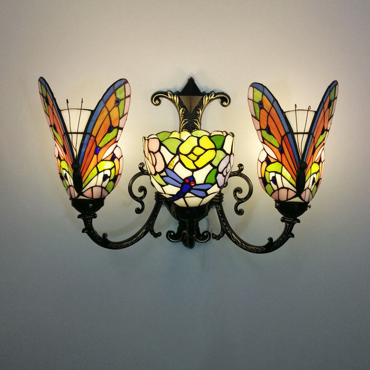 Traditional Tiffany European Butterfly Alloy Iron Glass 3-Light Wall Sconce Lamp For Hallway