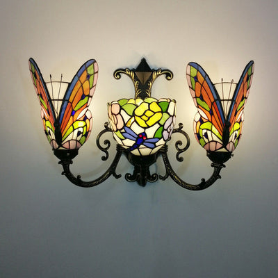 Traditional Tiffany European Butterfly Stained Glass 3-Light Wall Sconce Lamp For Hallway