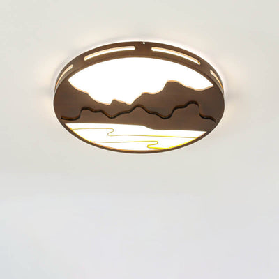 Modern Chinese Wooden Round Mountain Design LED Flush Mount Ceiling Light