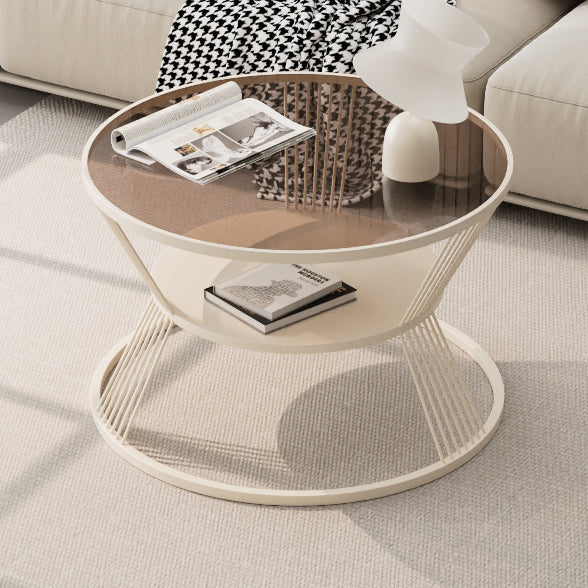Mesa de café moderna minimalista redonda en forma de reloj de arena de vidrio y hierro de 2 niveles para sala de estar 