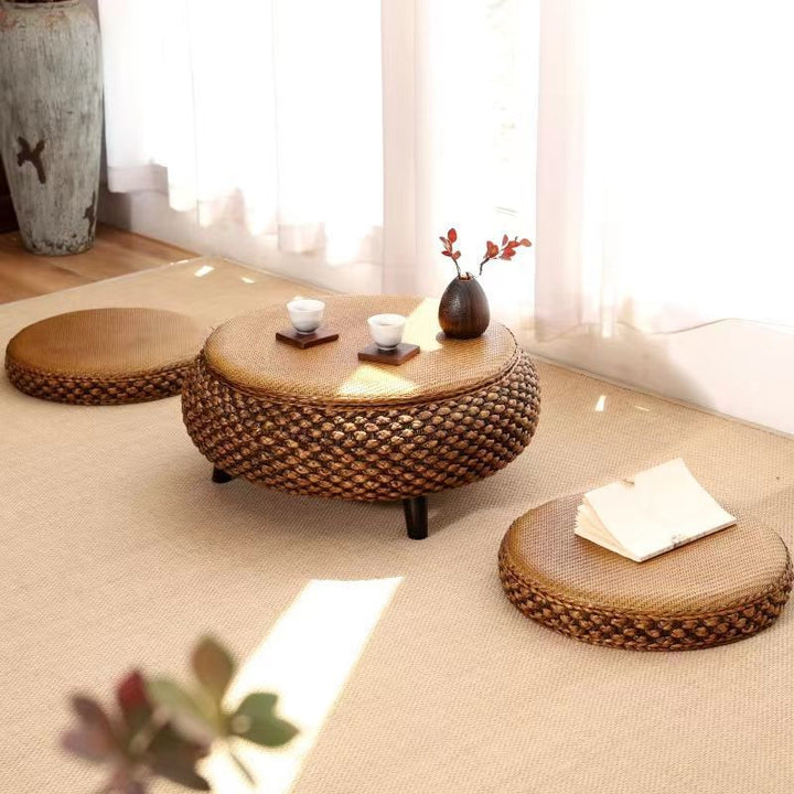 Traditional Japanese Oval Narcissus Rattan Poplar Wood Coffee Table Storage For Living Room