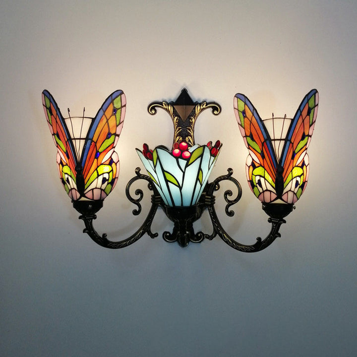 Traditional Tiffany European Butterfly Alloy Iron Glass 3-Light Wall Sconce Lamp For Hallway