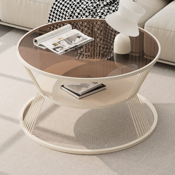 Mesa de café moderna minimalista redonda en forma de reloj de arena de vidrio y hierro de 2 niveles para sala de estar 