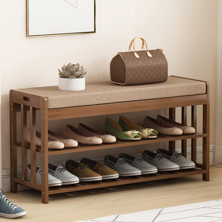 Rangement à chaussures moderne minimaliste en tissu rectangulaire en bambou et rotin à 2 étagères pour entrées 