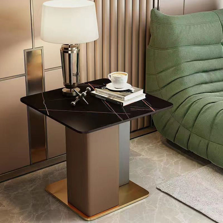 Contemporary Scandinavian Square Column Slate Microfiber Leather Wood Carbon Steel End Table For Living Room