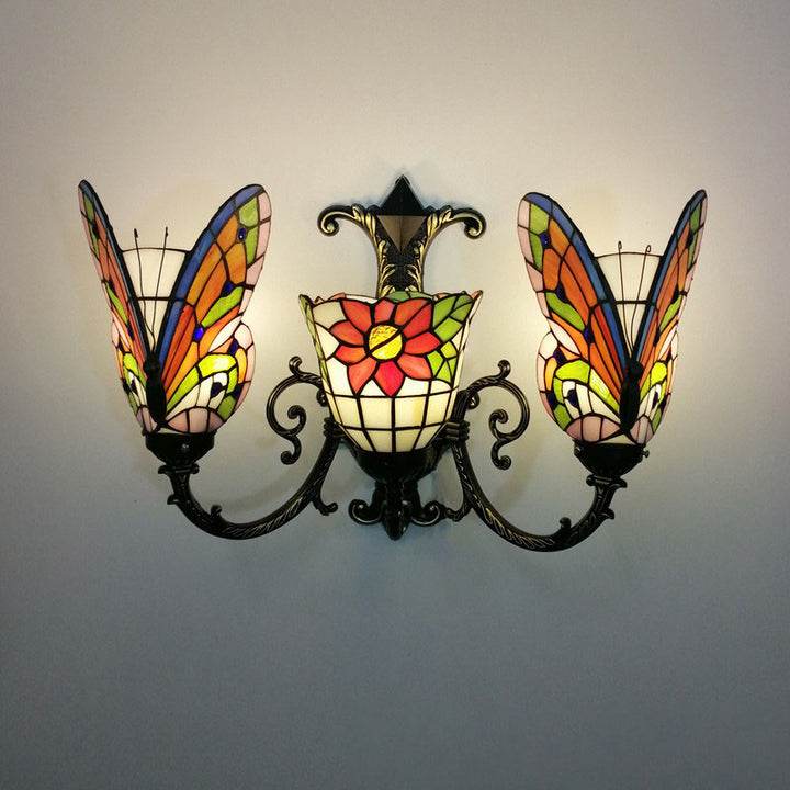 Traditional Tiffany European Butterfly Alloy Iron Glass 3-Light Wall Sconce Lamp For Hallway