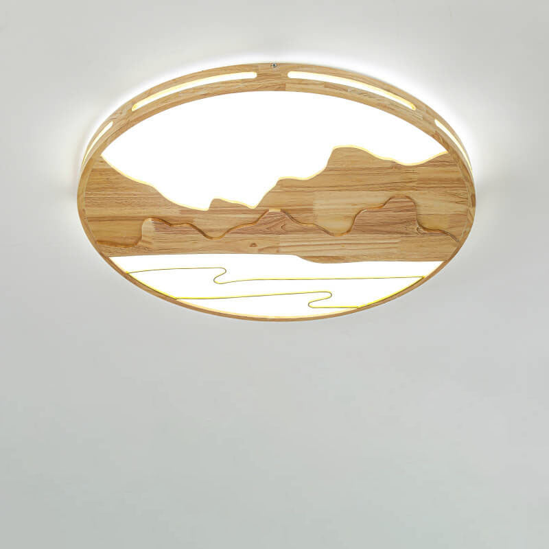 Modern Chinese Wooden Round Mountain Design LED Flush Mount Ceiling Light