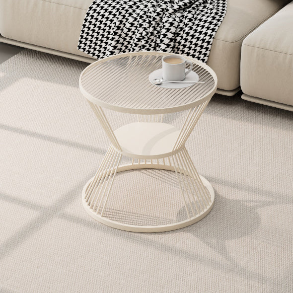 Mesa de café moderna minimalista redonda en forma de reloj de arena de vidrio y hierro de 2 niveles para sala de estar 