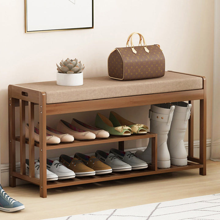 Rangement à chaussures moderne minimaliste en tissu rectangulaire en bambou et rotin à 2 étagères pour entrées 