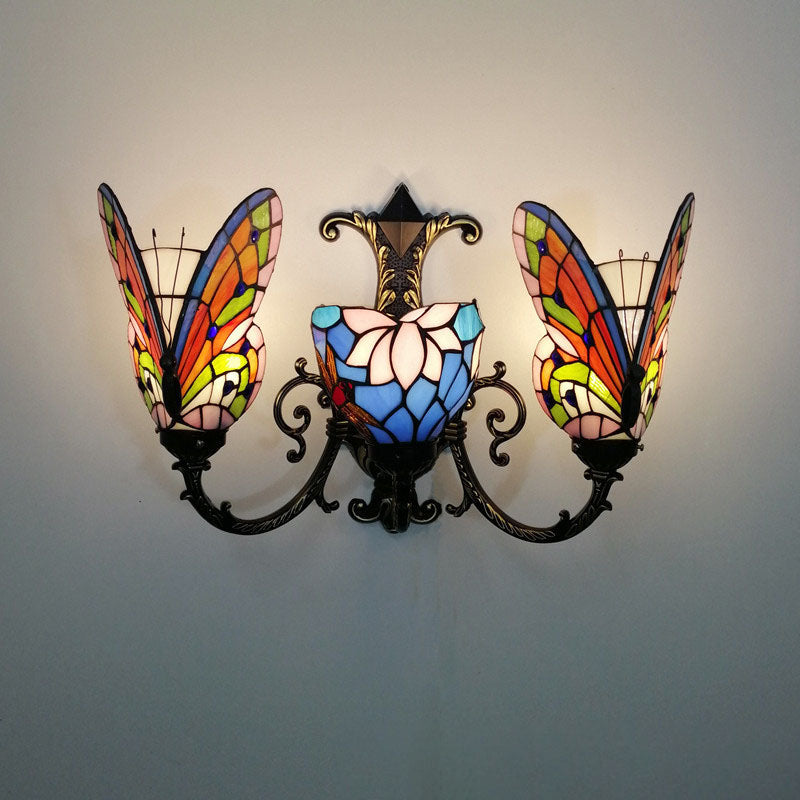 Traditional Tiffany European Butterfly Stained Glass 3-Light Wall Sconce Lamp For Hallway