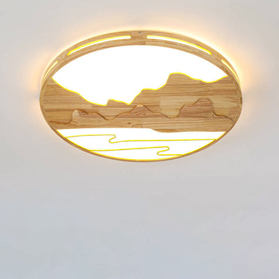 Plafonnier LED rond en bois moderne chinois avec design de montagne 