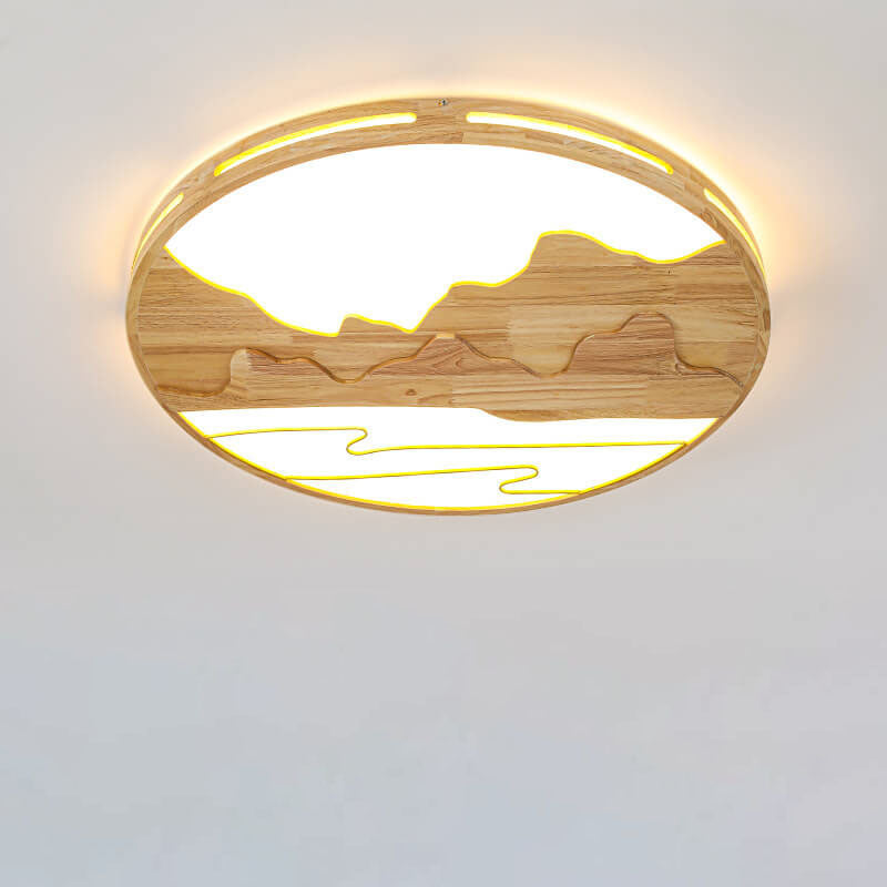 Plafonnier LED rond en bois moderne chinois avec design de montagne 