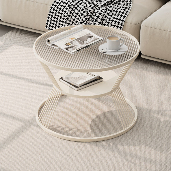 Mesa de café moderna minimalista redonda en forma de reloj de arena de vidrio y hierro de 2 niveles para sala de estar 