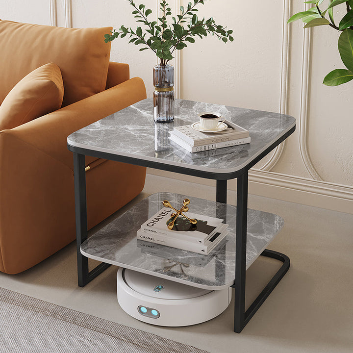 Modern Minimalist Square Sintered Stone Carbon Steel Side Table 2-Tier For Living Room