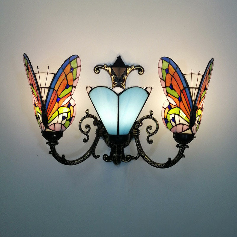 Traditional Tiffany European Butterfly Alloy Iron Glass 3-Light Wall Sconce Lamp For Hallway
