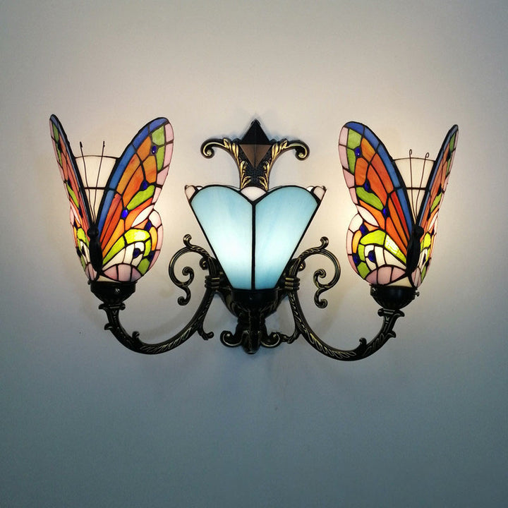 Traditional Tiffany European Butterfly Alloy Iron Glass 3-Light Wall Sconce Lamp For Hallway