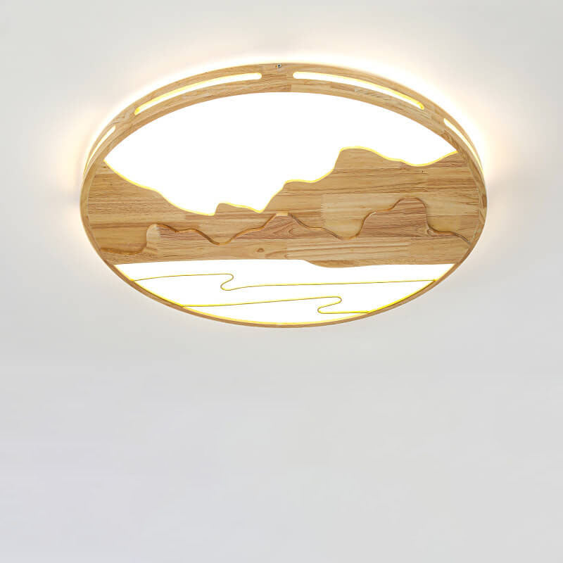 Modern Chinese Wooden Round Mountain Design LED Flush Mount Ceiling Light