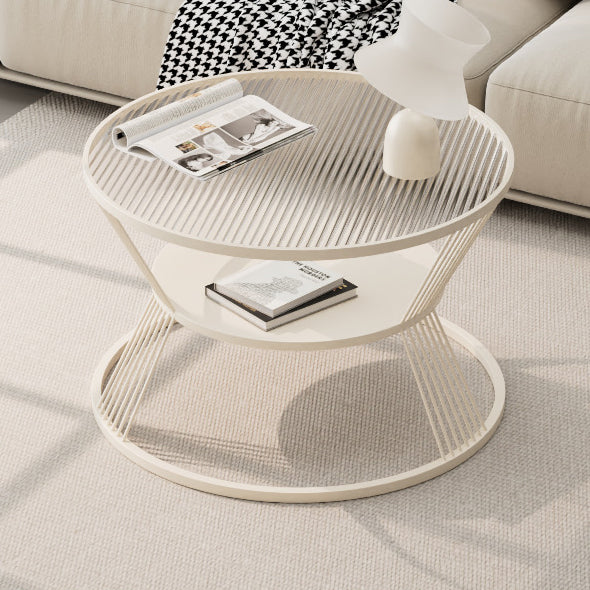 Mesa de café moderna minimalista redonda en forma de reloj de arena de vidrio y hierro de 2 niveles para sala de estar 