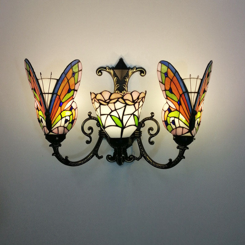 Traditional Tiffany European Butterfly Alloy Iron Glass 3-Light Wall Sconce Lamp For Hallway