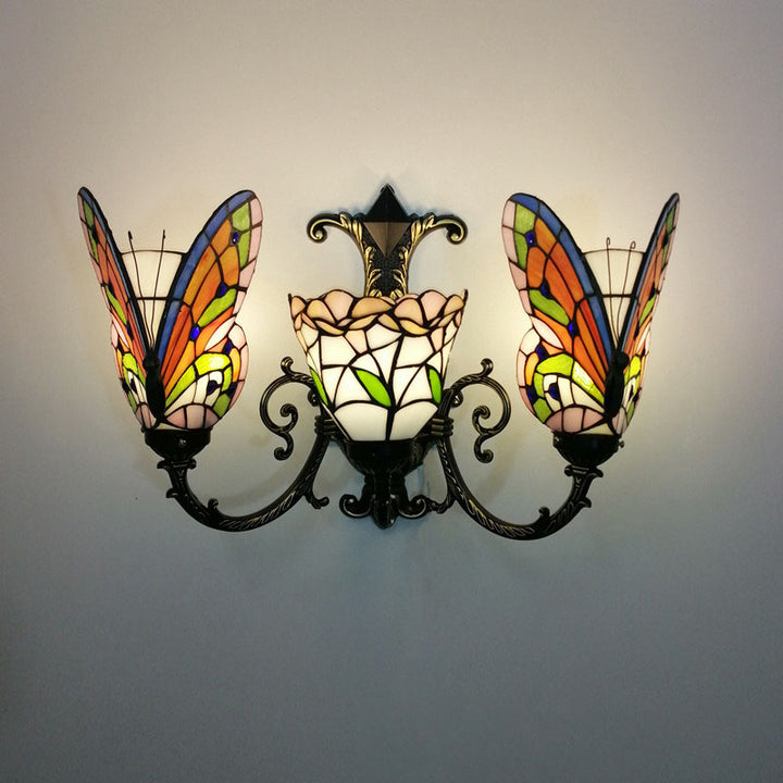 Traditional Tiffany European Butterfly Alloy Iron Glass 3-Light Wall Sconce Lamp For Hallway