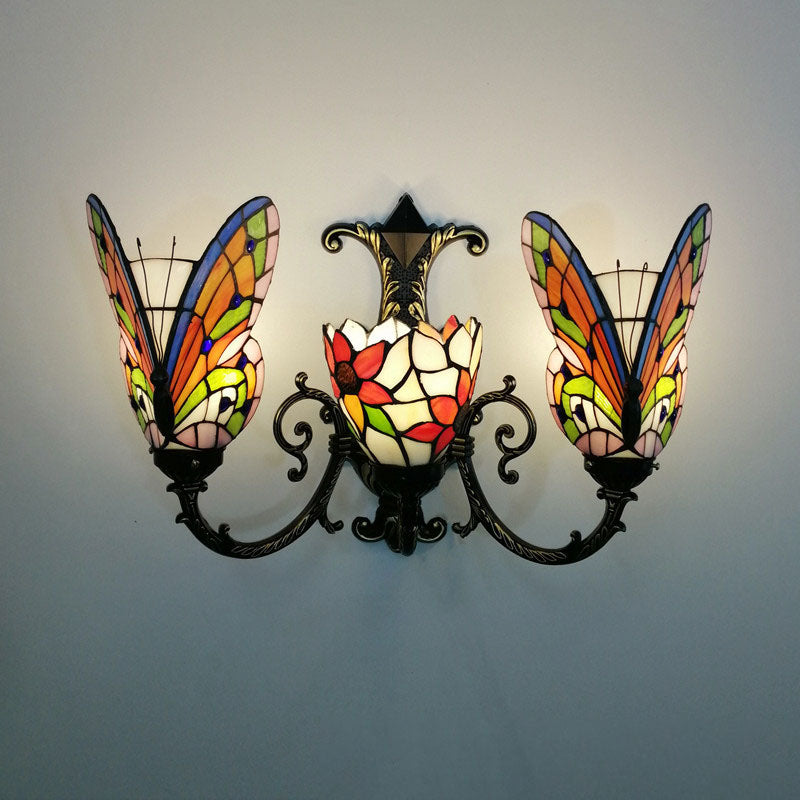 Traditional Tiffany European Butterfly Alloy Iron Glass 3-Light Wall Sconce Lamp For Hallway