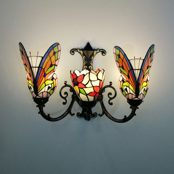 Traditional Tiffany European Butterfly Alloy Iron Glass 3-Light Wall Sconce Lamp For Hallway