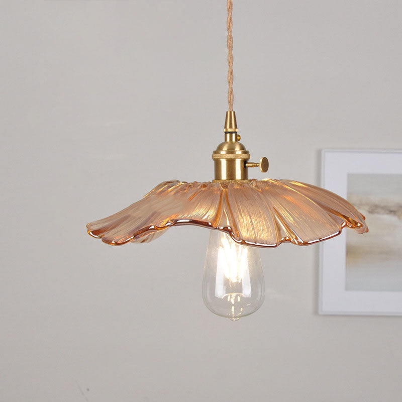 Modern Art Deco Sunflower Lotus Leaf Glass Shade Brass 1-Light Pendant Light For Living Room