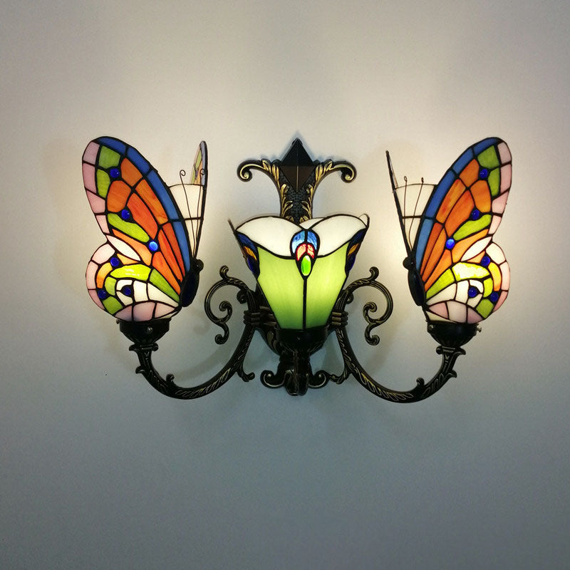 Traditional Tiffany European Butterfly Stained Glass 3-Light Wall Sconce Lamp For Hallway