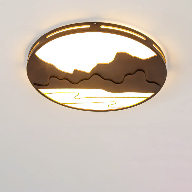 Plafonnier LED rond en bois moderne chinois avec design de montagne 