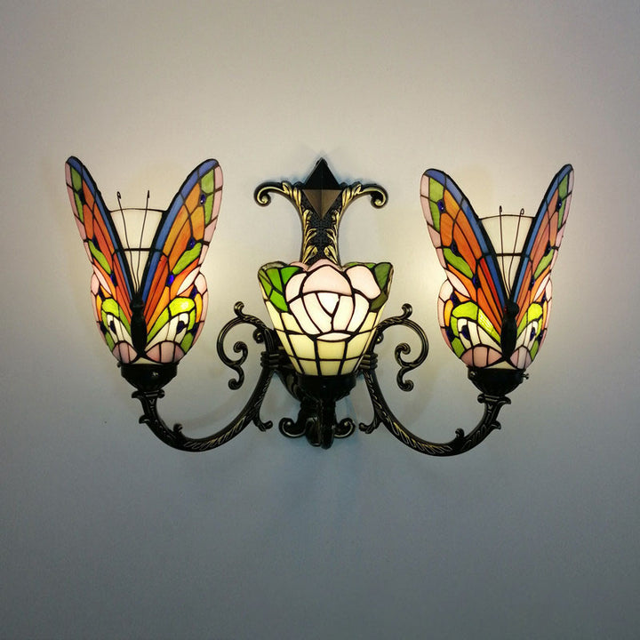 Traditional Tiffany European Butterfly Alloy Iron Glass 3-Light Wall Sconce Lamp For Hallway