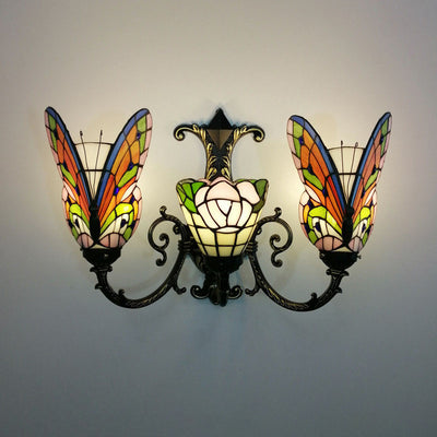 Traditional Tiffany European Butterfly Stained Glass 3-Light Wall Sconce Lamp For Hallway